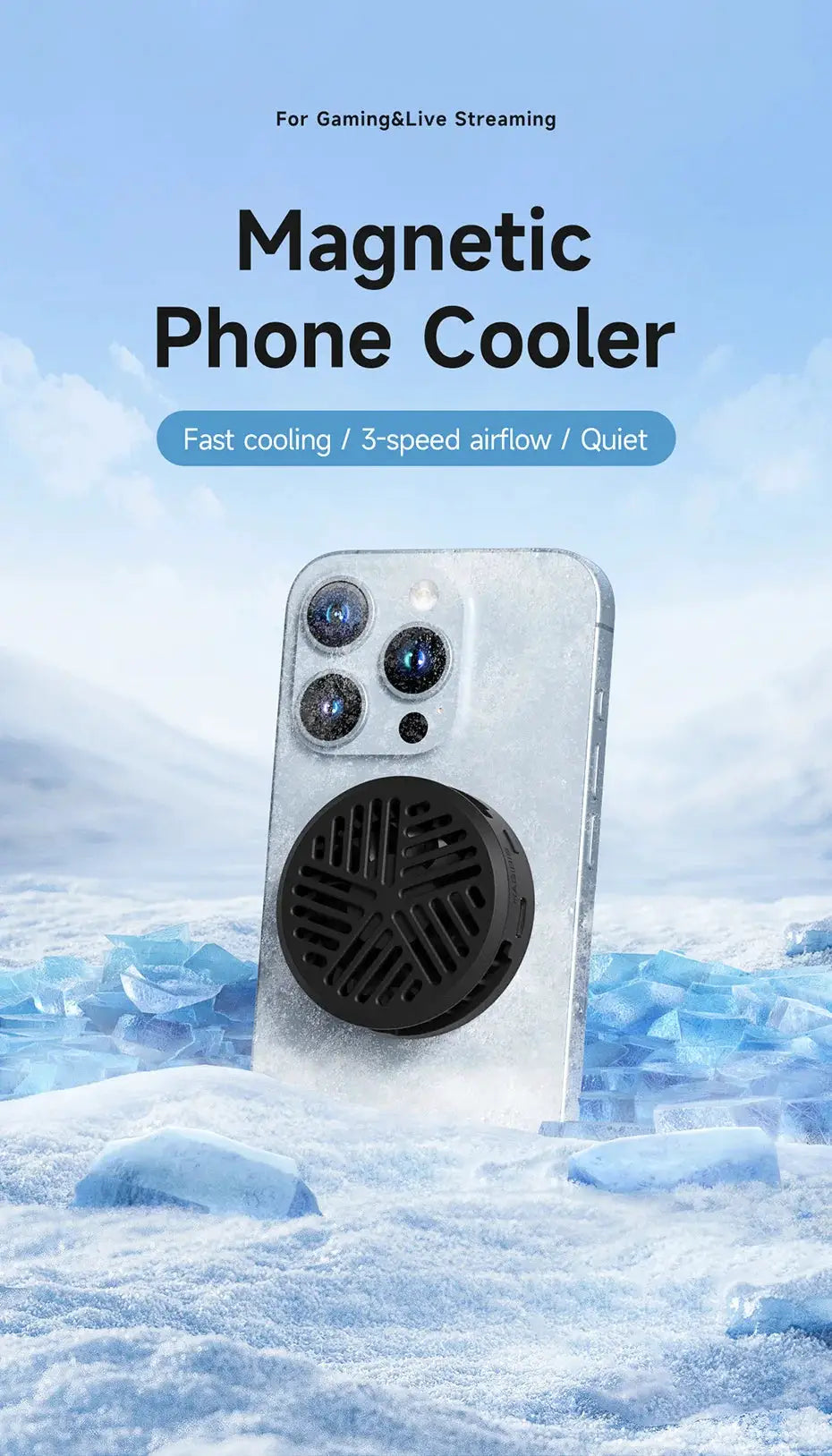 Magnetic phone cooler; black round cooling fan attached to an iPhone 17 Pro