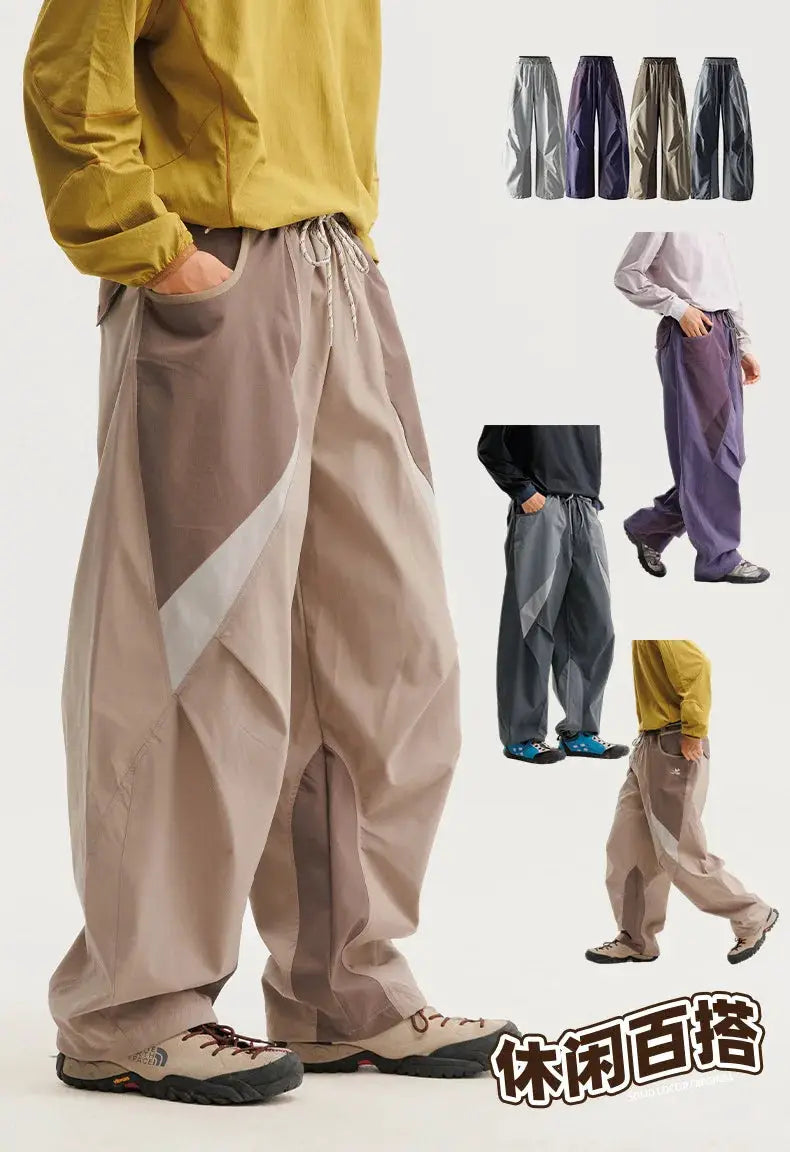 Simples Market cargo techwear pants, wide-leg with color-block panels in beige tones; multiple colors shown.
