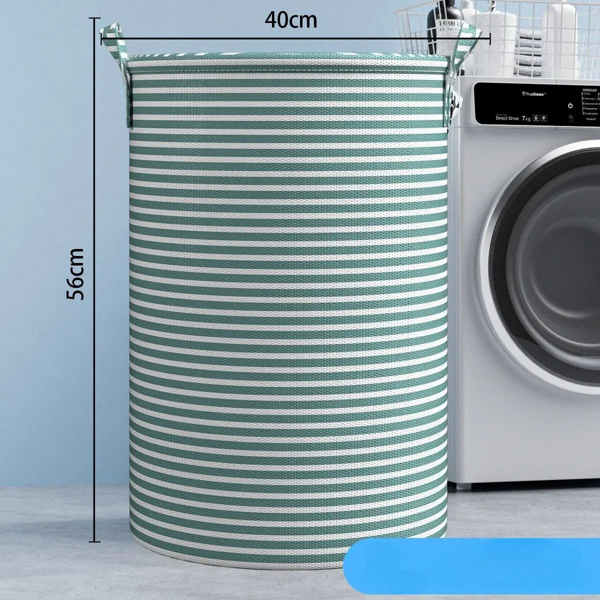 Simples Market foldable striped laundry basket, green/white fabric, collapsible storage for bathroom/bedroom, 56cm tall