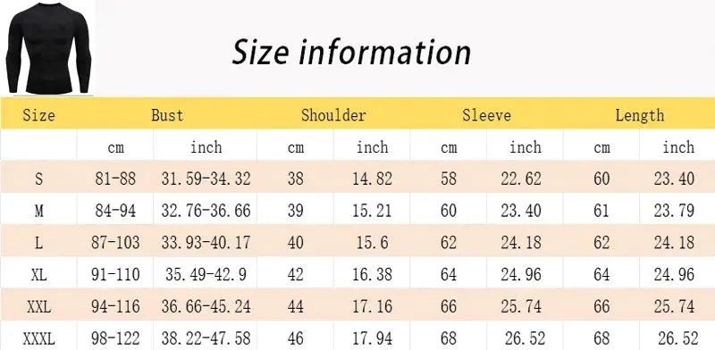 Black men's long-sleeve compression shirt with size chart beside it