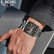 LIGE men's square-dial stainless steel watch with black face, gold-tone bezel and chronograph