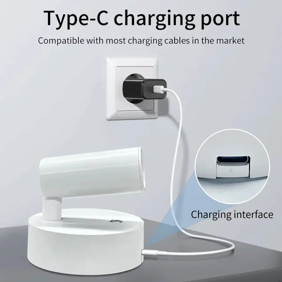 Rechargeable LED wall lamp with touch control, white finish, 360° rotation, USB-C charging