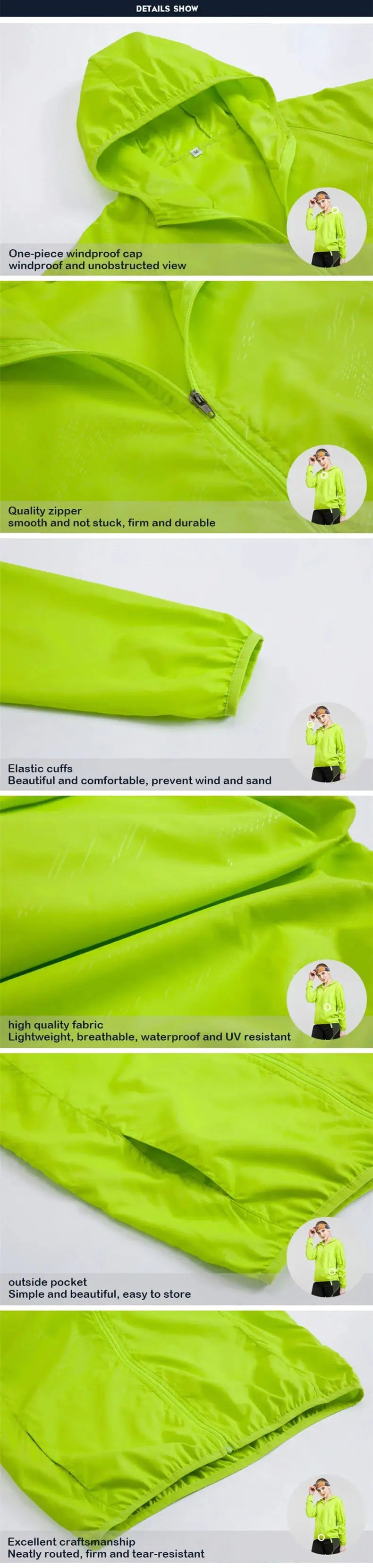 JNLN Unisex hiking jacket by Simples Market, neon green waterproof windbreaker with hood, zip and elastic cuffs