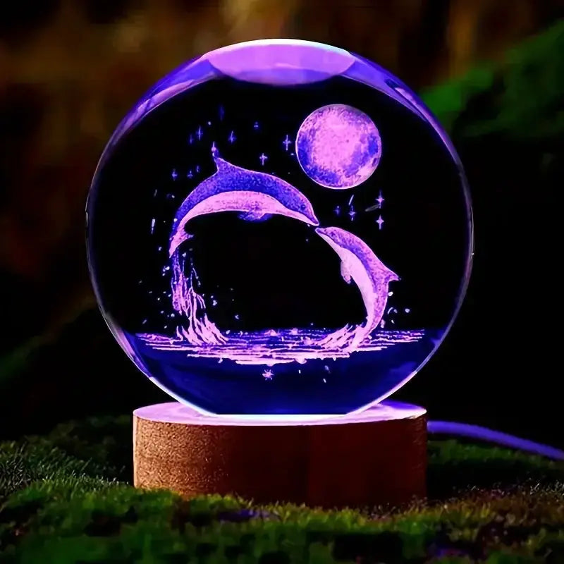 3D Dolphin Moon crystal ball lamp by Simples Market with purple glow for indoor decor