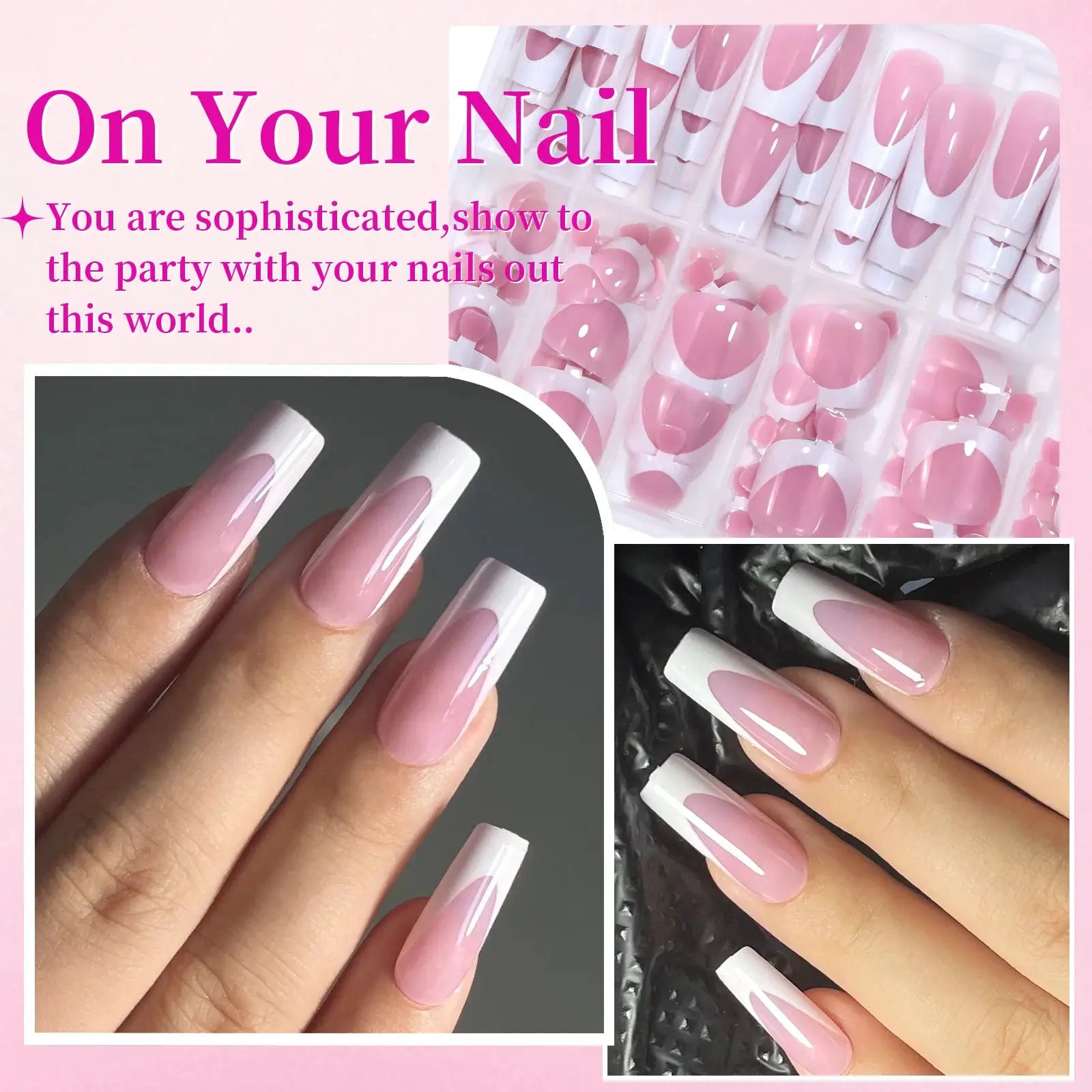 144 Pcs French Manicure Nail Set For Hands And Feet Summer Short Square Shiny Acrylic Full Coverage