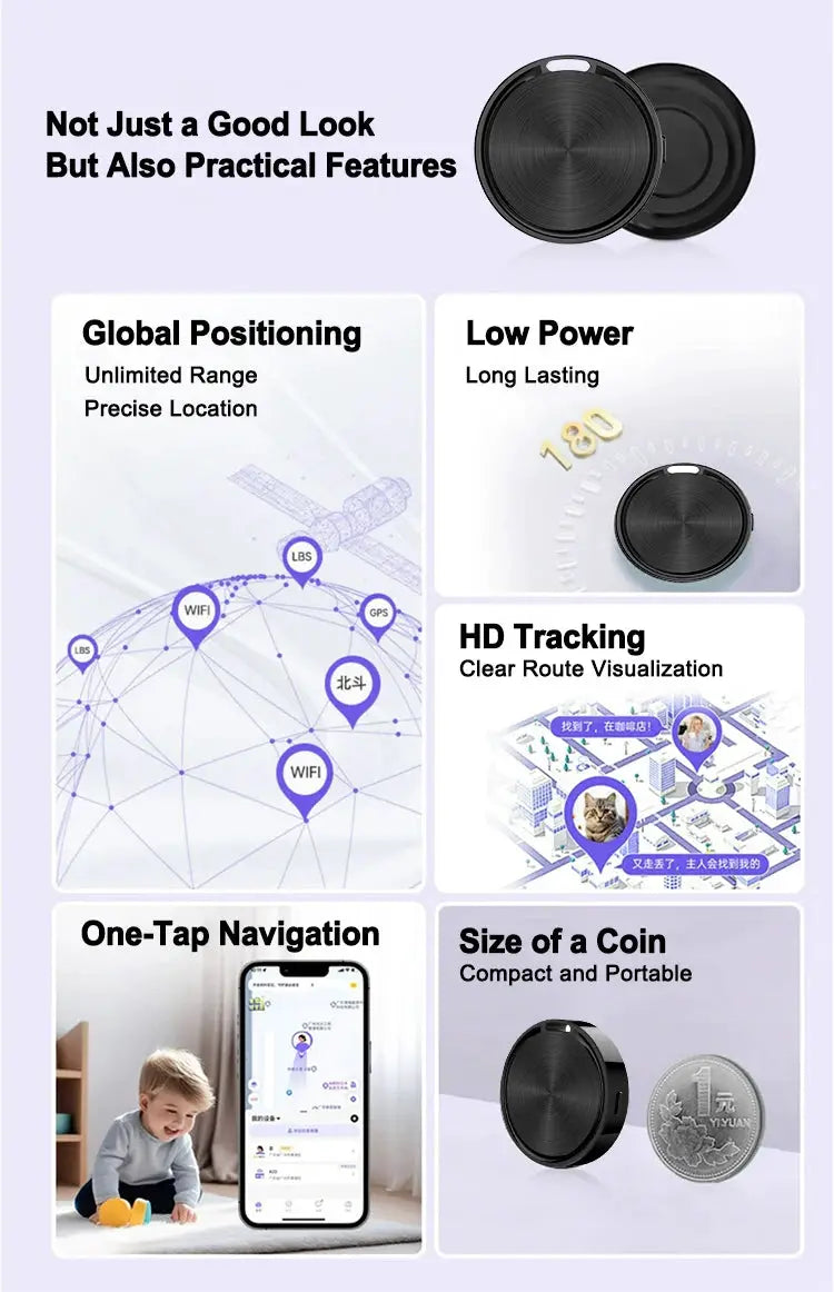 Simples Market Tag Bluetooth GPS tracker, round black coin-sized keychain