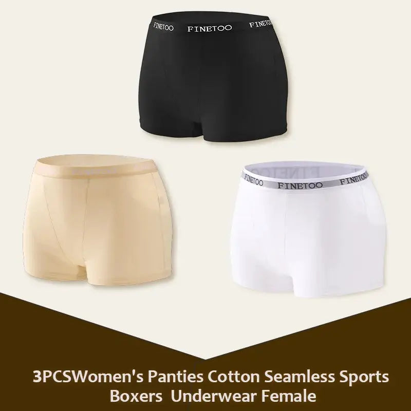 3-pack women's cotton seamless sport boxers underwear in black, beige, and white with Finetoo waistband