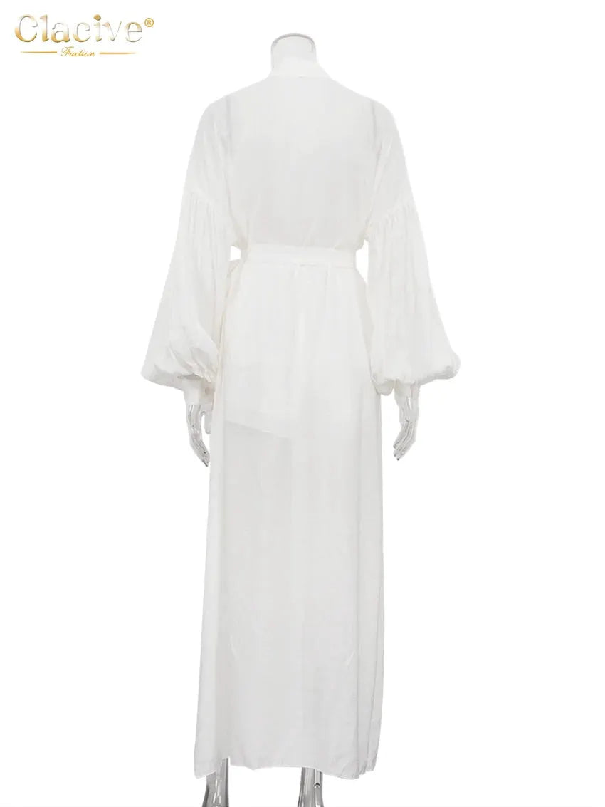 Clacive White 2 Piece Set Women Loose Long Sleeve Robe And Shorts