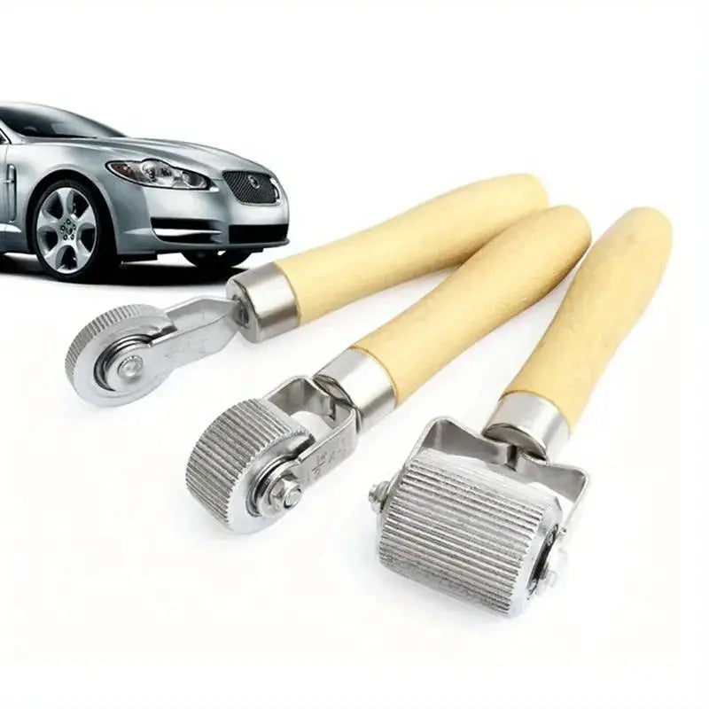 Tire repair roller set with wooden handles and metal wheels, 3 pieces
