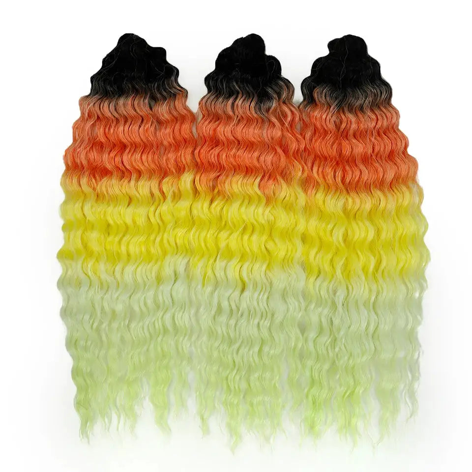 Ariel synthetic twist crochet hair, Simples Market, 22in water-wave extensions, ombre black orange yellow lime, 3 bundles