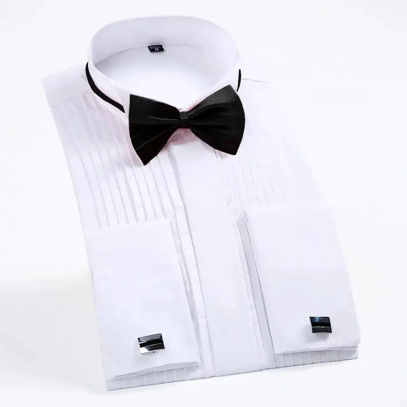White winged-collar dress shirt by Simples Market with black bow tie and cufflinks, formalwear set included.