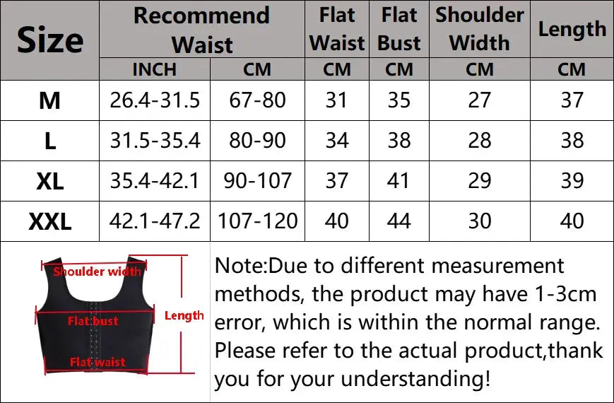 Men's gynecomastia shaper vest by Simples Market with size chart; black abdomen slimming compression undershirt