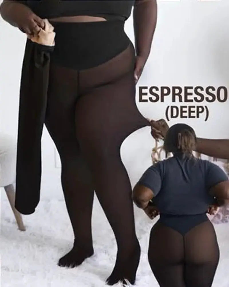 One-seam fleece-lined shaping tights in black; plus-size thermal pantyhose with control top