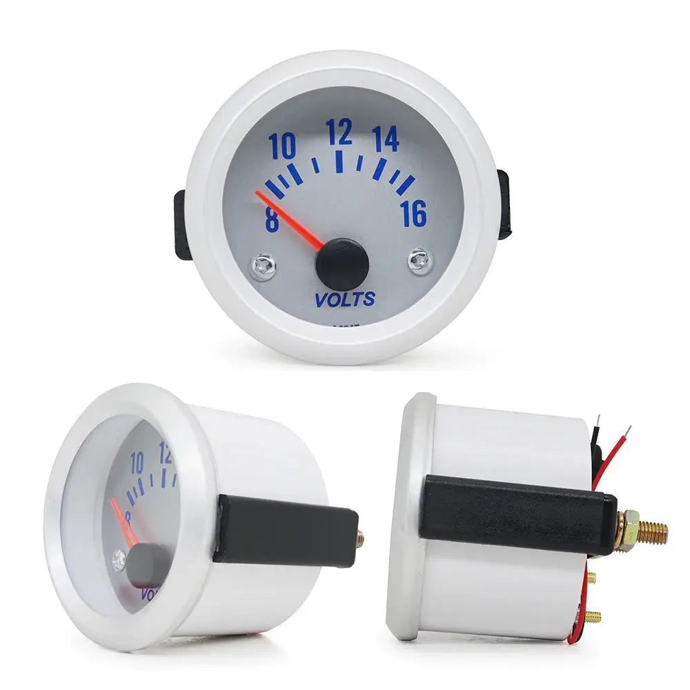 Simples Market Dragon Gauge 2-inch LED volt gauge, white housing, blue 8–16 scale, red needle