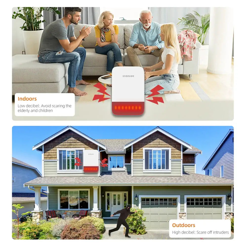 Staniot wireless strobe siren by Simples Market; white indoor/outdoor alarm with red LED beacon