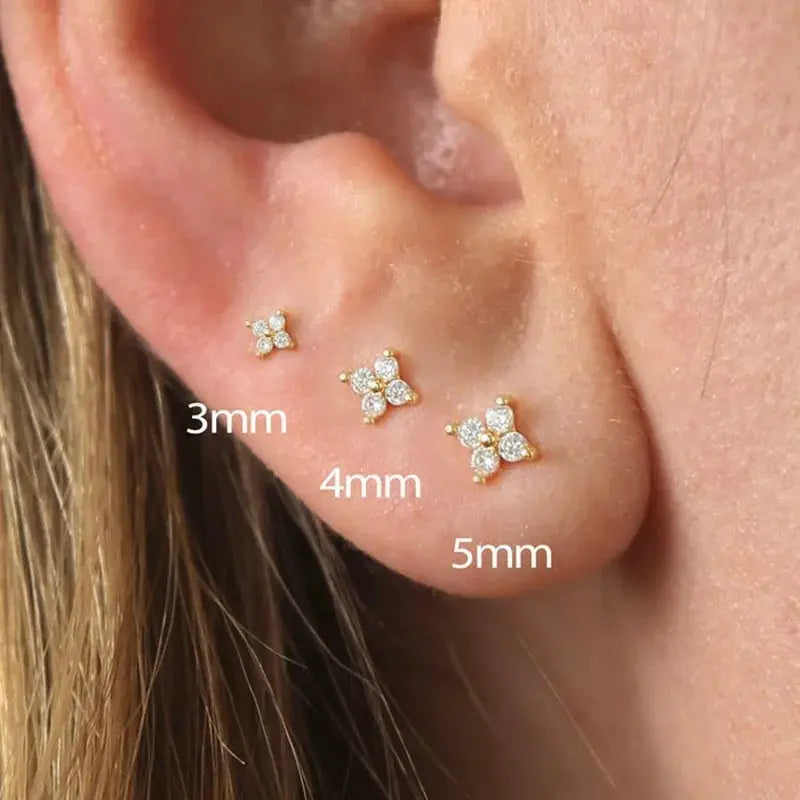 Star stud earrings set in 3/4/5mm sizes with zircon stones, gold-tone finish