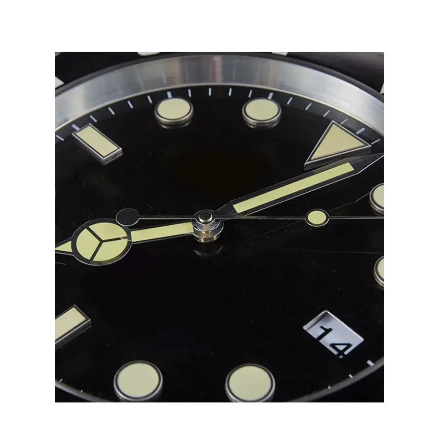 34cm luxury metal wall clock with black dial and luminous cream hands and markers