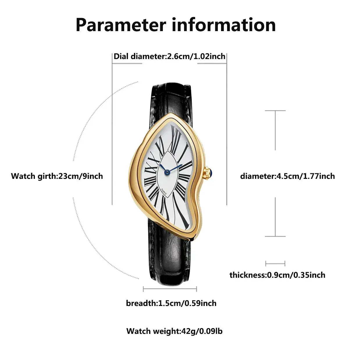 Watch by Simples Market: Y2K alien crash melt with gold-tone teardrop case, black leather strap, white Roman dial