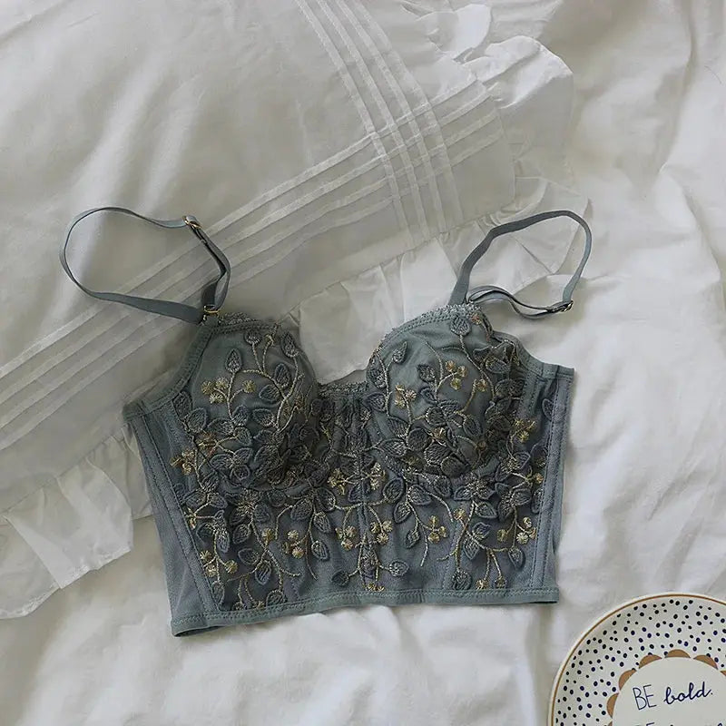 Bralette in blue-gray lace with 3D floral embroidery and adjustable straps