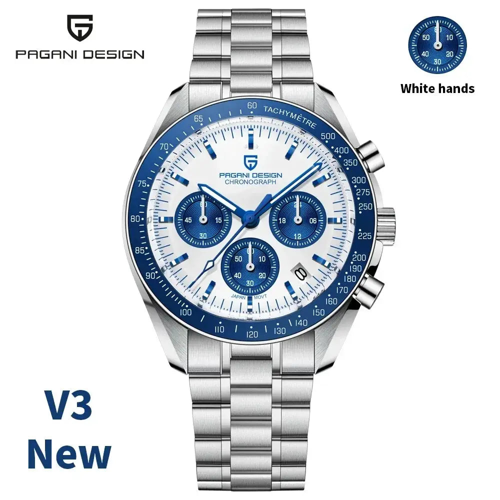 PAGANI DESIGN men's chronograph watch with blue tachymeter bezel, white dial and silver stainless-steel bracelet