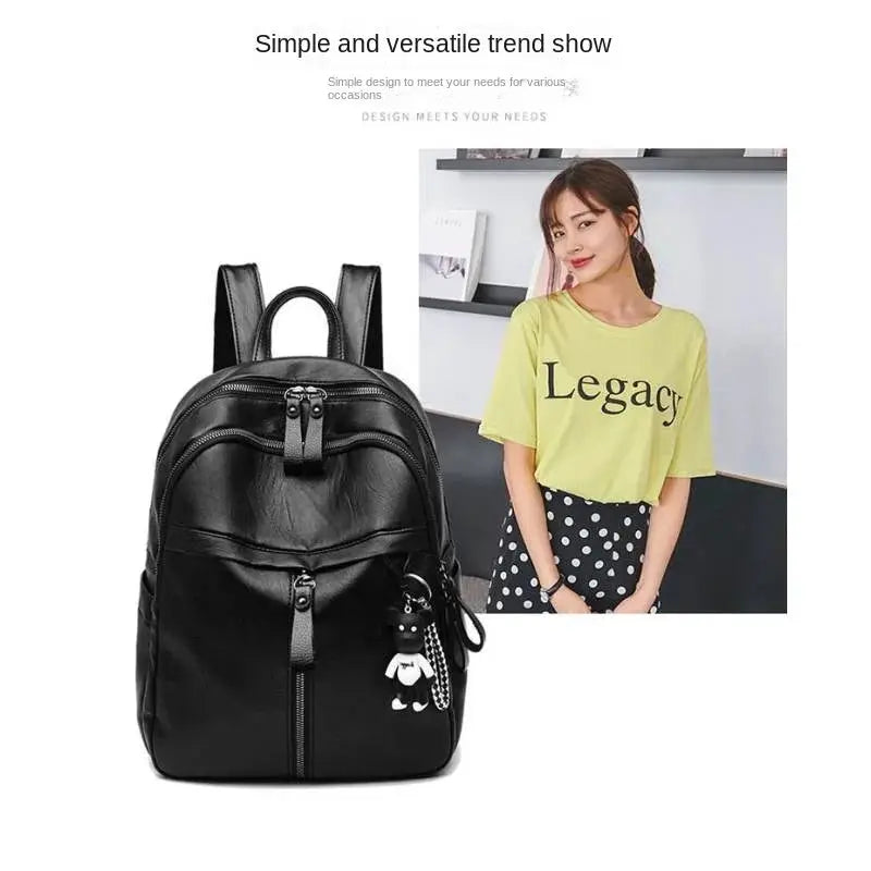 Backpack, black faux leather with multiple zip pockets and panda keychain