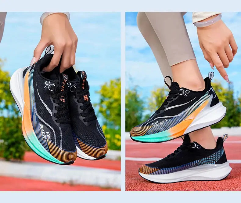 Simples Market 2025 carbon board marathon running shoes, black uppers with teal and orange gradient soles, two pairs shown