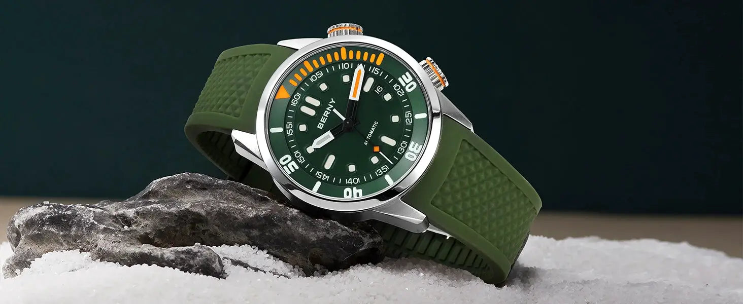 BERNY automatic diver watch for men, green dial with orange accents, green silicone strap, 20ATM