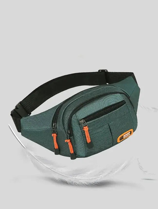 Oxford waterproof waist bag from Simples Market in teal with black strap and orange zipper pulls