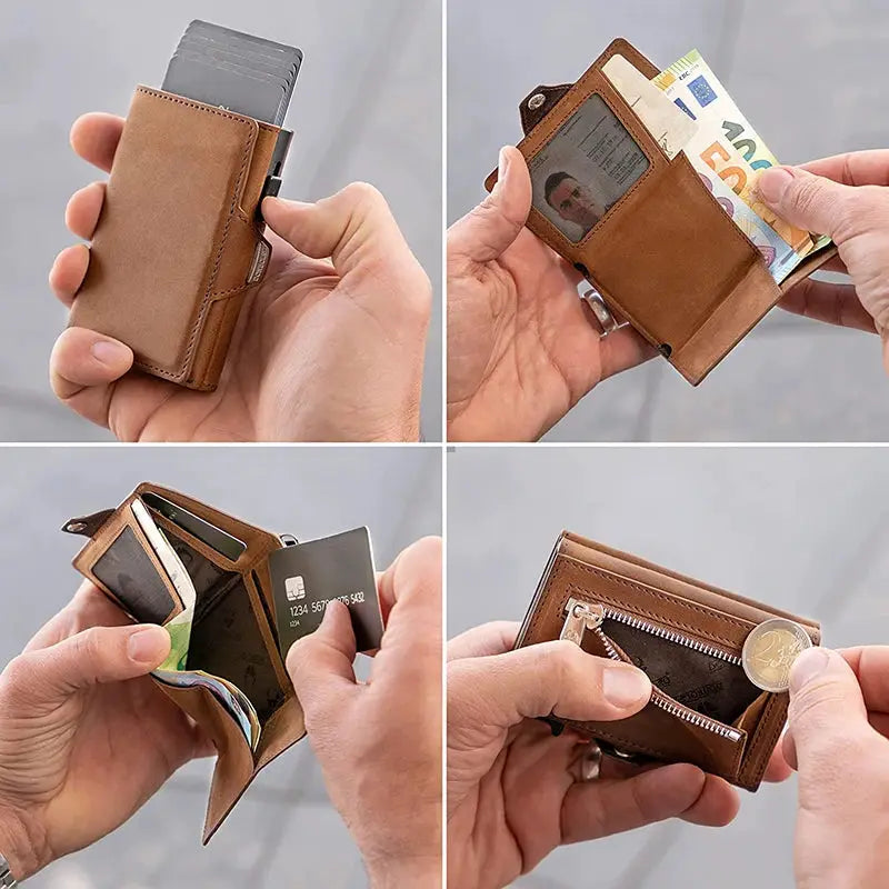 Pop-Up Card Case Simples Market brown leather RFID wallet with card slots, coin pocket and note compartment