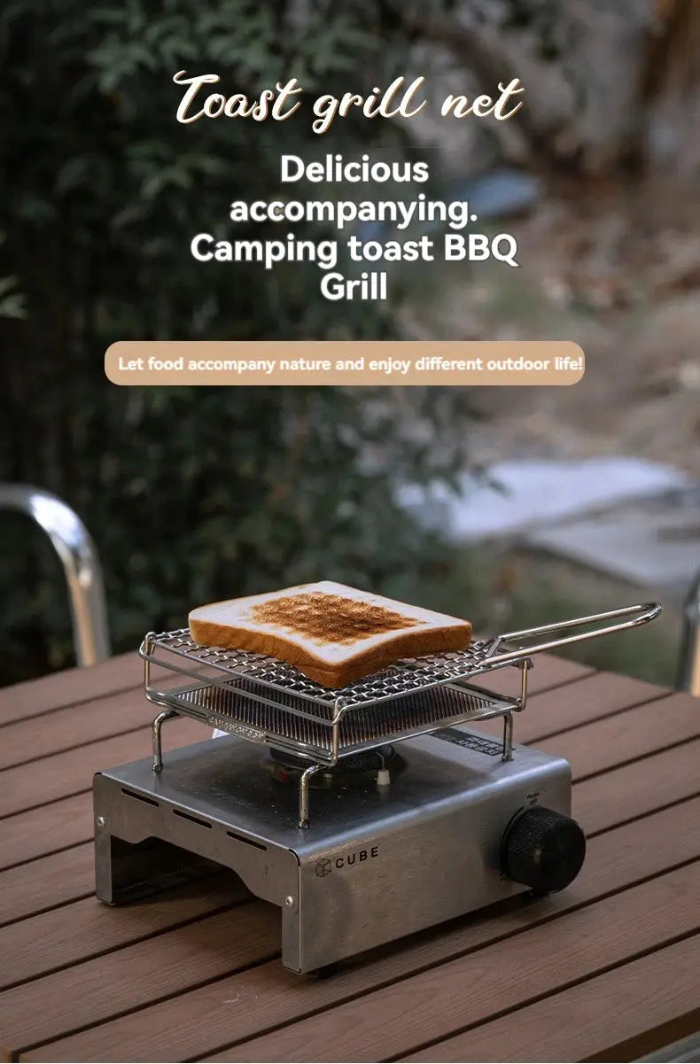 CUBE portable gas stove with 304 stainless steel folding toast grill net and a slice of toast.