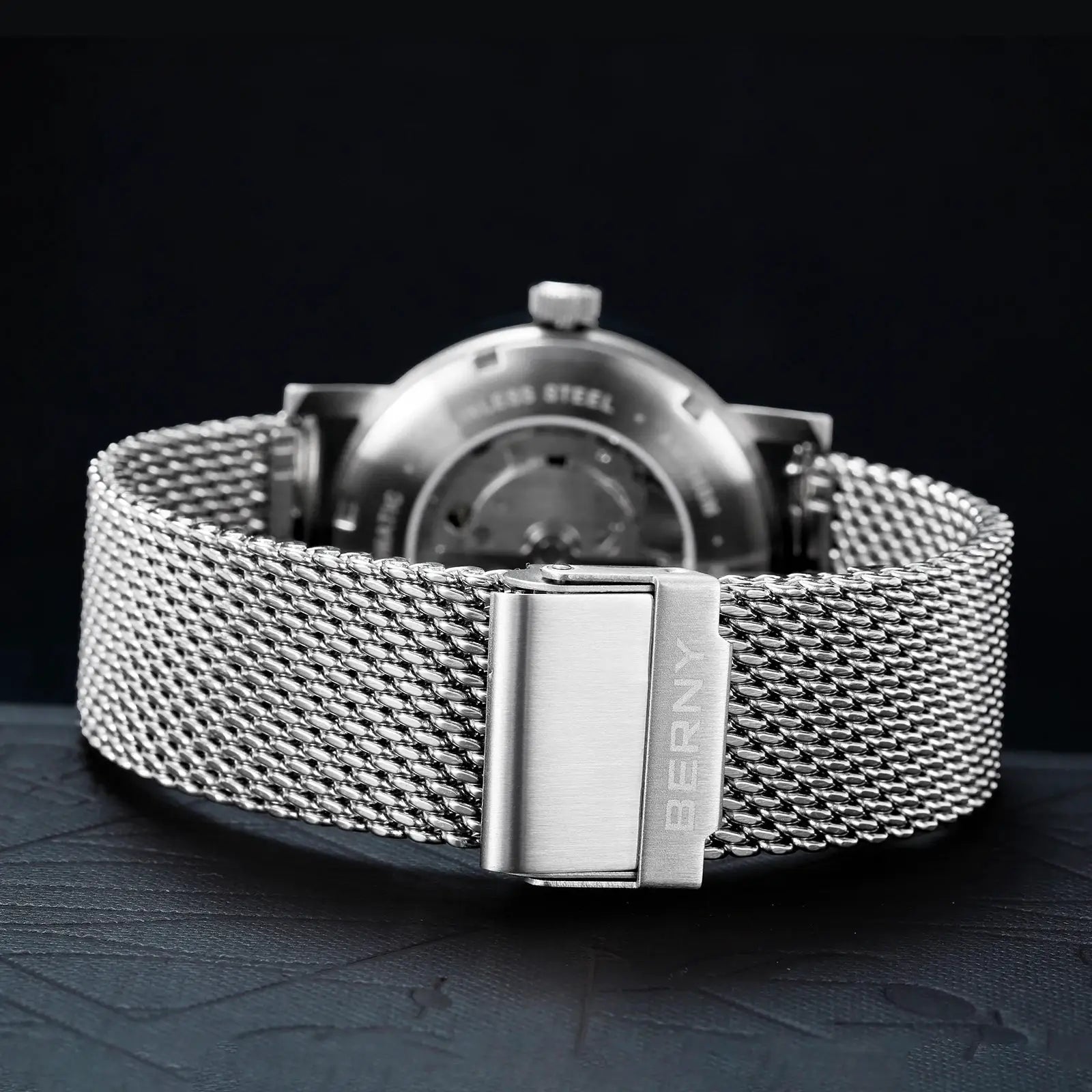 BERNY men's stainless steel mesh wristwatch with clasp, automatic movement, 5ATM waterproof.