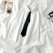 White women's short-sleeve blouse with lapel collar and black tie