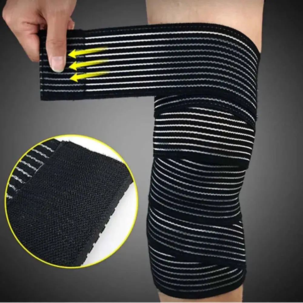 Elastic compression bandage wrap, 40-180cm, black with white stripes for ankle, knee, calf, or thigh
