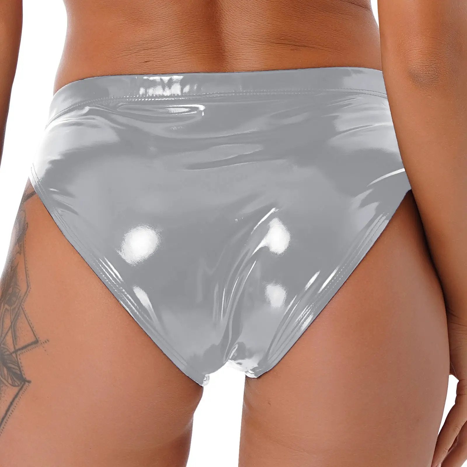 Womens wet-look patent leather briefs in silver, glossy bikini-style panties