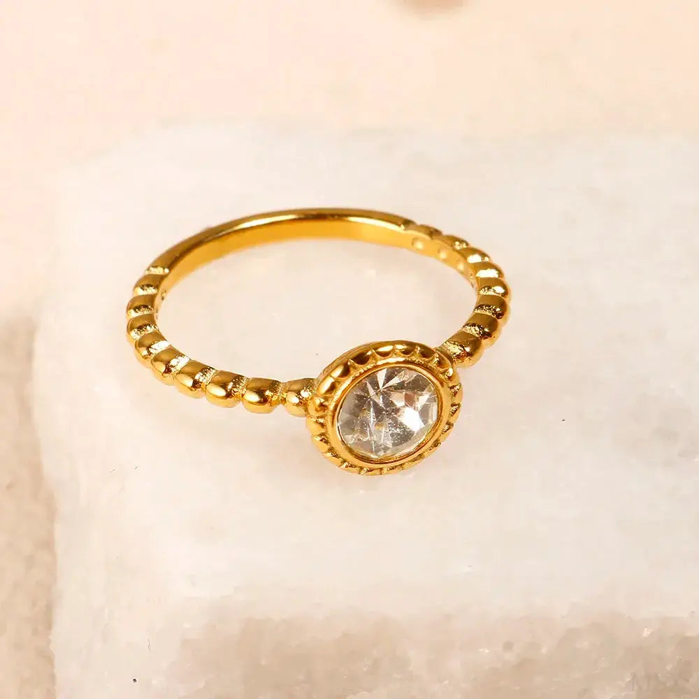 Gold Stainless Steel Ring With Round Bead And Clear Crystal Zircon Waterproof Everyday Fine Jewelry