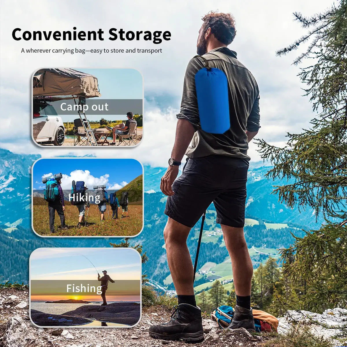 Blue inflatable sleeping pad strapped to a backpack; ultralight camping mat for hiking and camping.