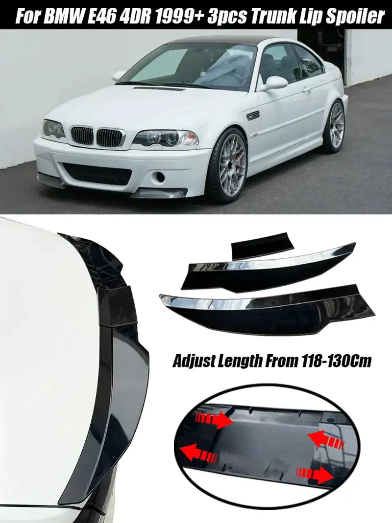 BMW E46 3-Series rear lip spoiler set, 3pcs gloss black ABS DuckTail with adhesive by Simples Market