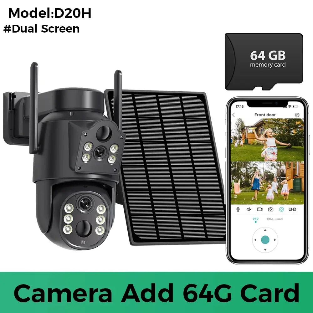 Simples Market outdoor solar security camera with dual lens and 64GB memory card shown with a mobile app.