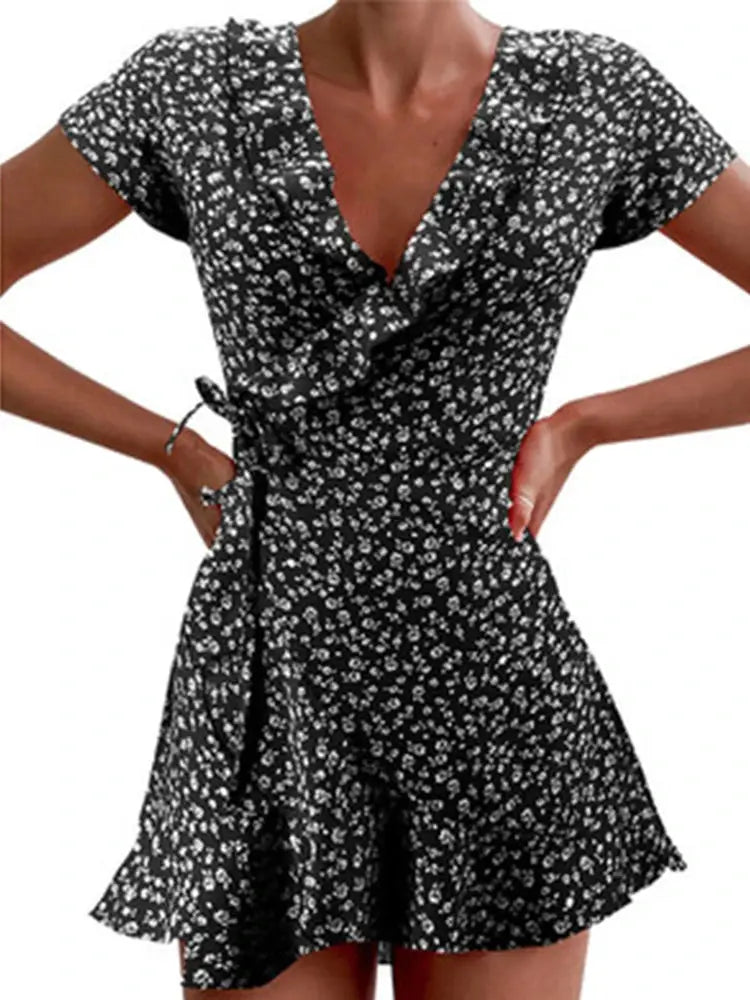 Summer Floral A Line Dress For Women V Neck Ruffles Mini Dress