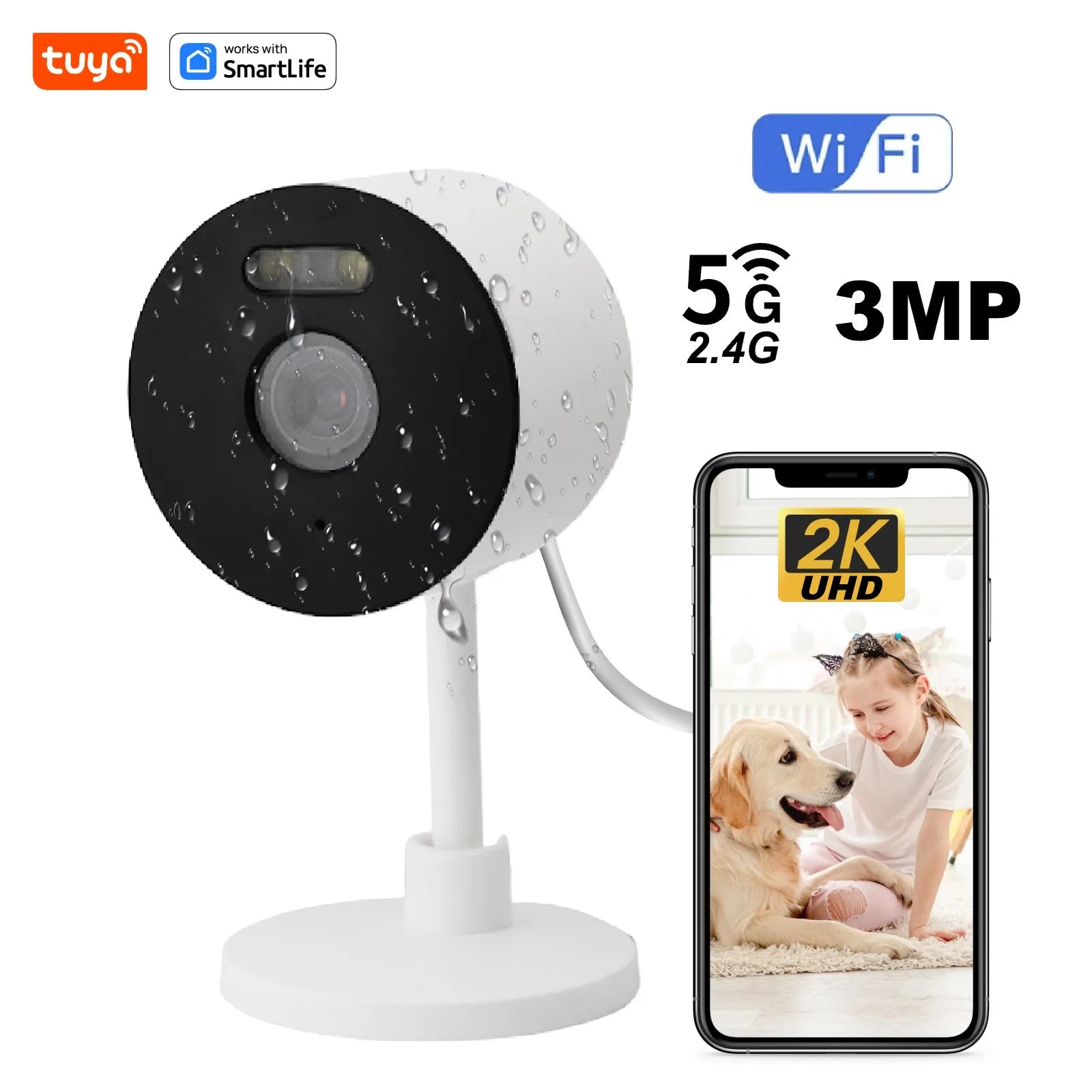 Simples Market Tuya 3MP HD security camera, indoor/outdoor, color night vision, 2-way audio, with phone app