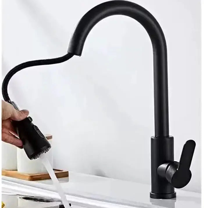 Simples Market kitchen faucet, single-hole pull-out spray head, matte black finish with side lever.