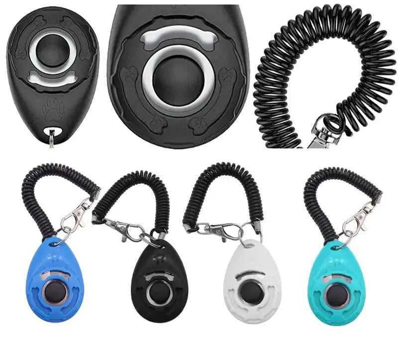 Adjustable Dog Training Clicker by Simples Market with wrist strap and keychain; four color options.