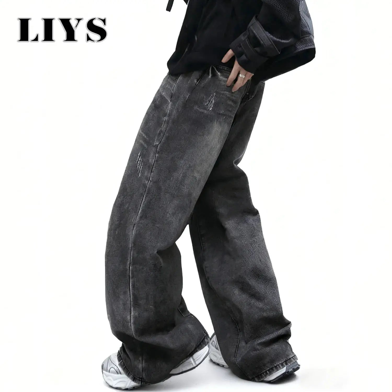 LIYS unisex retro gray wide-leg denim jeans with oversized relaxed fit and distressed details for casual wear