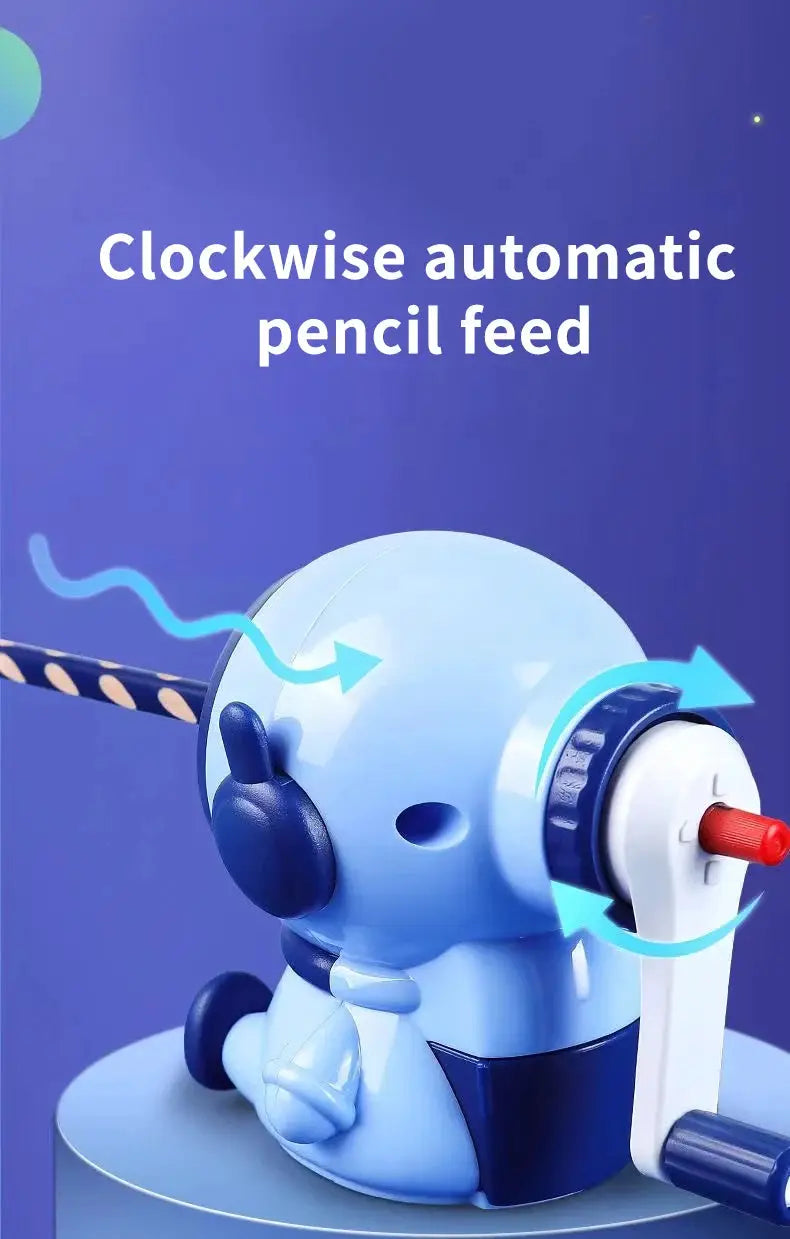 Astronaut cartoon pencil sharpener, blue hand-crank plastic by Simples Market