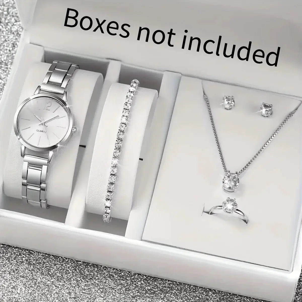 6-piece Simples Market silver jewelry set: stainless steel watch, crystal bracelet, necklace, earrings, and ring