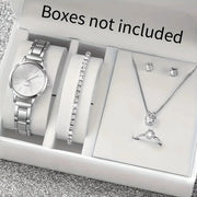 6-piece Simples Market silver jewelry set: stainless steel watch, crystal bracelet, necklace, earrings, and ring