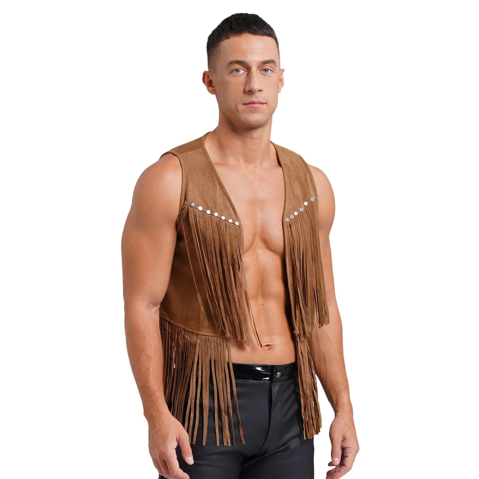Men's faux suede tassel vest with fringe and rivet accents, open-front sleeveless brown waistcoat