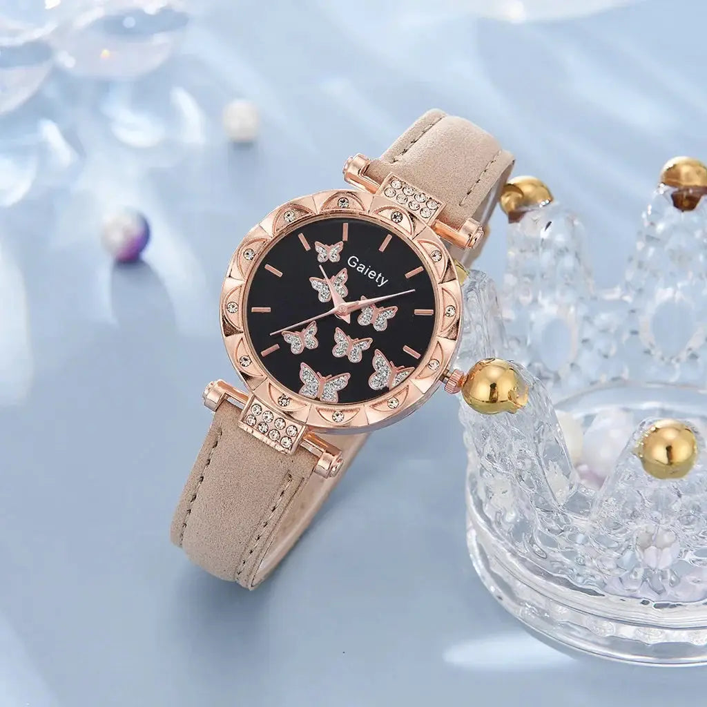 Butterfly Lane Watch Set Leather Strap Quartz Wristwatch With Matching Ring Necklace Earrings Bracelet