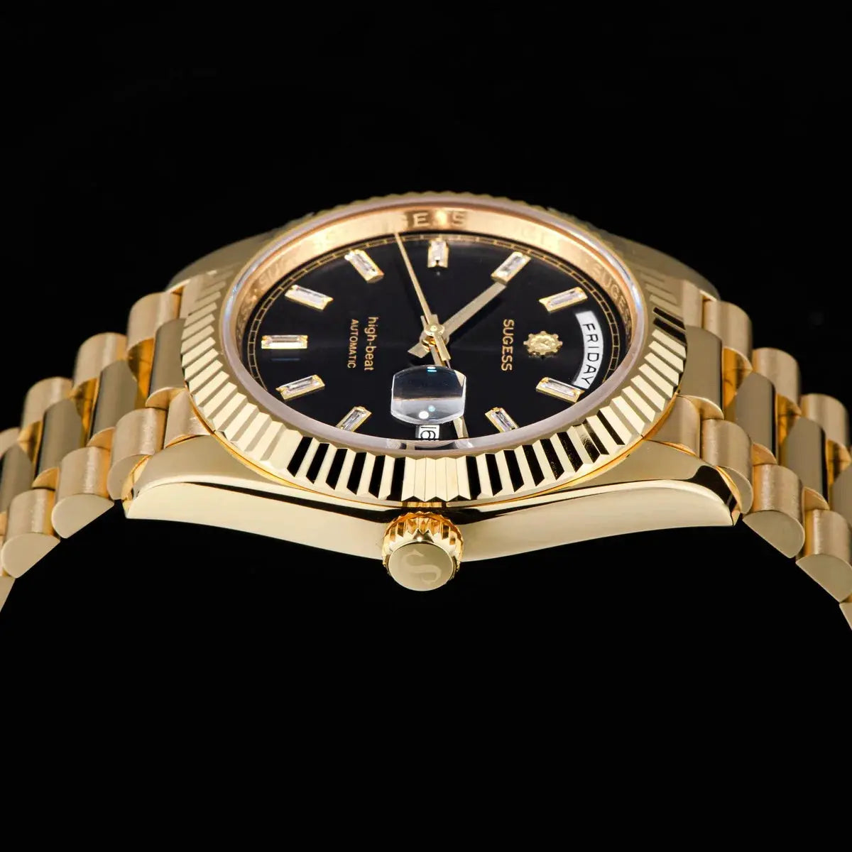 Sugess 40mm men's gold-tone watch with black dial, day-date display, automatic movement, fluted bezel, sapphire glass