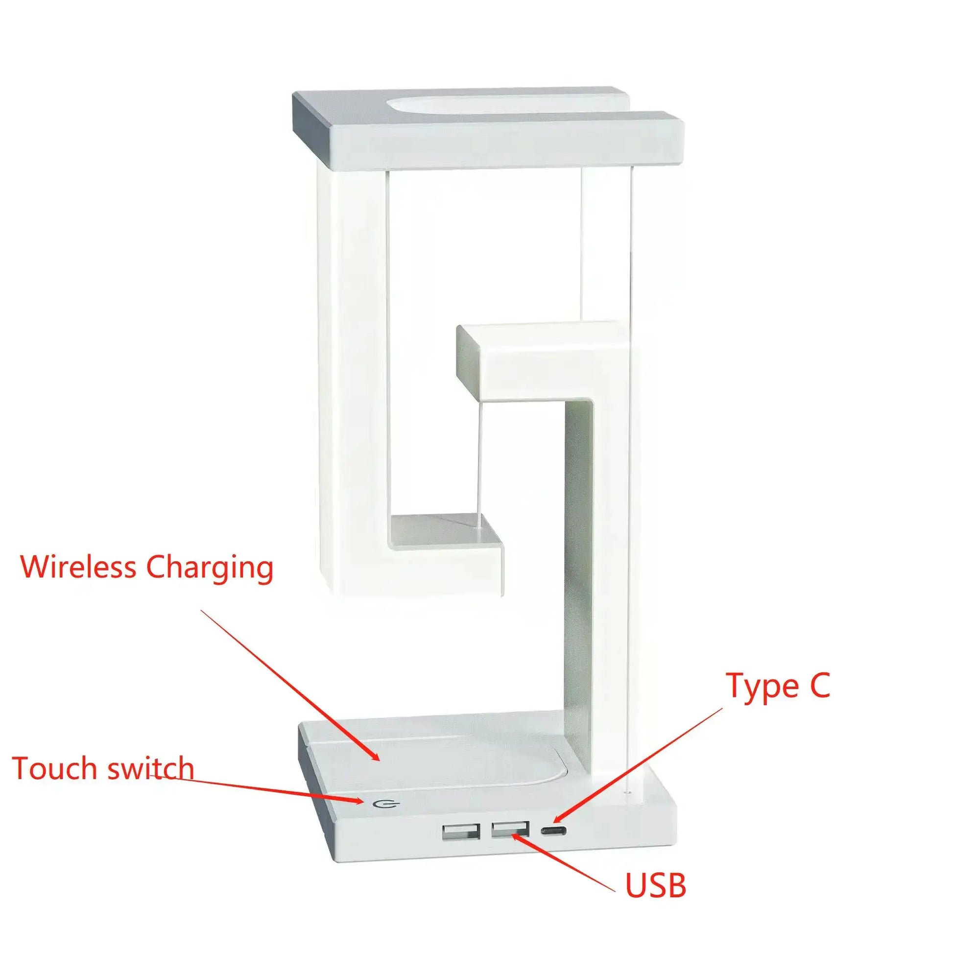 Novelty floating lamp with detachable 10W wireless charger, white frame, USB ports, touch switch